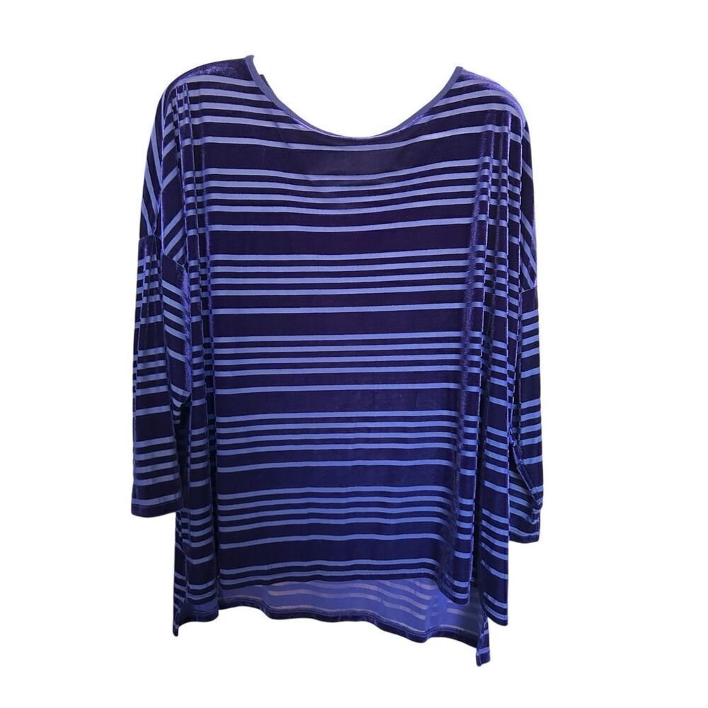 Kate Hill Woman 2X Velvet Burnout Stripe Blouse Blue Sheer Plus Size Top